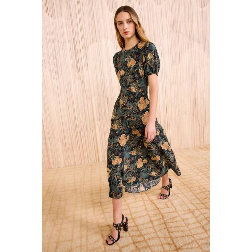 Ulla Johnson Dark Green Floral Midi Dress with Mustard Blooms